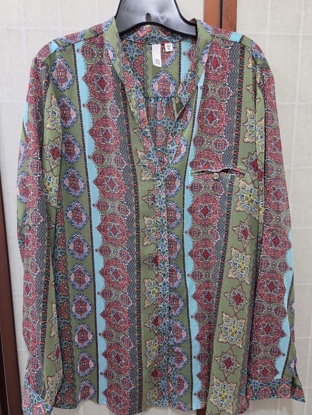 KUT from the Kloth XXL Boho Paisley Button Down Blouse Olive Green Festival